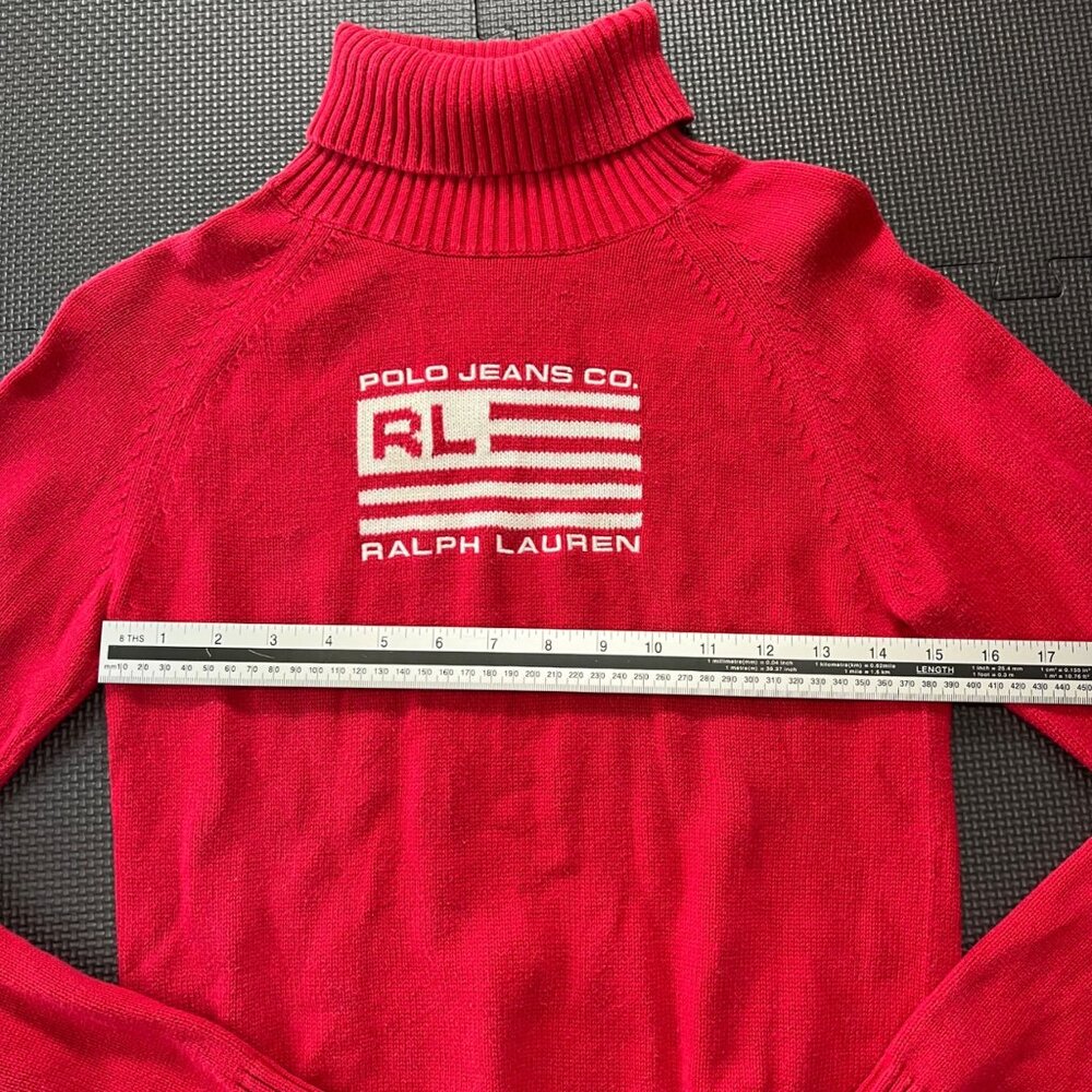 Polo Jeans Co. Ralph Lauren Red Turtleneck Sweater M 100% Cotton Embroidered Log - Picture 4 of 5